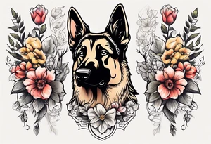 Sable German shepherd portrait with flowers tattoo idea
