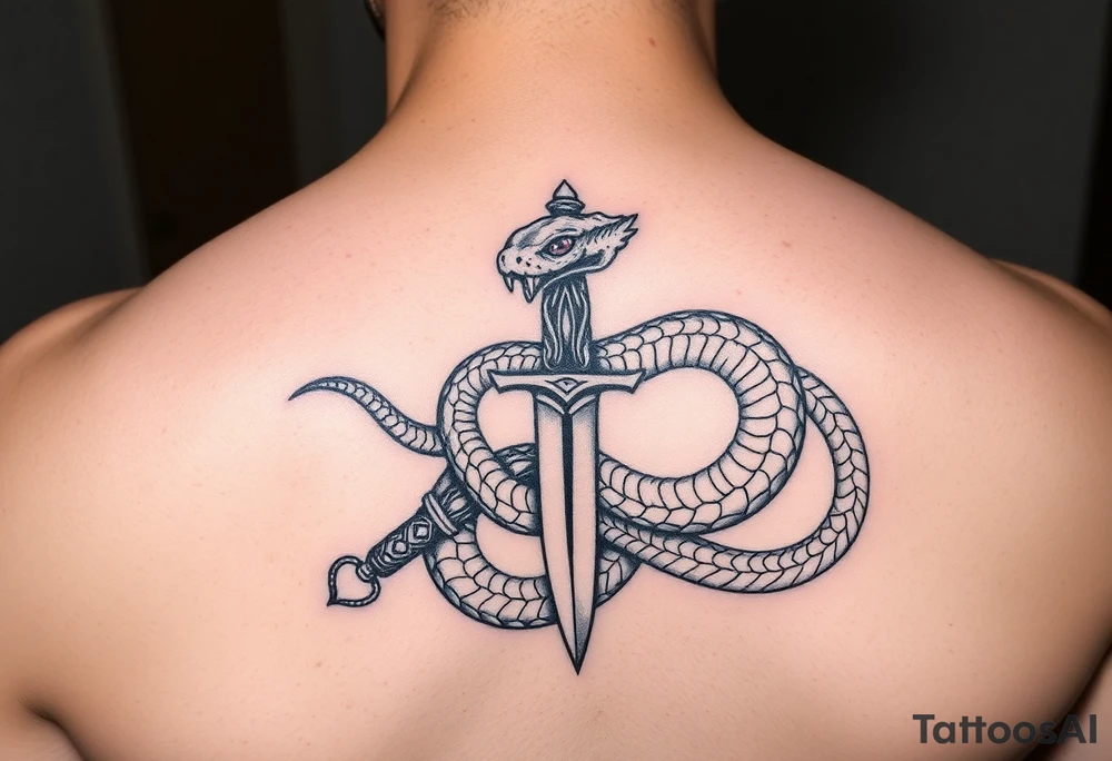 mystical snake coiled around an ancient dagger with jeweled hilt tattoo idea