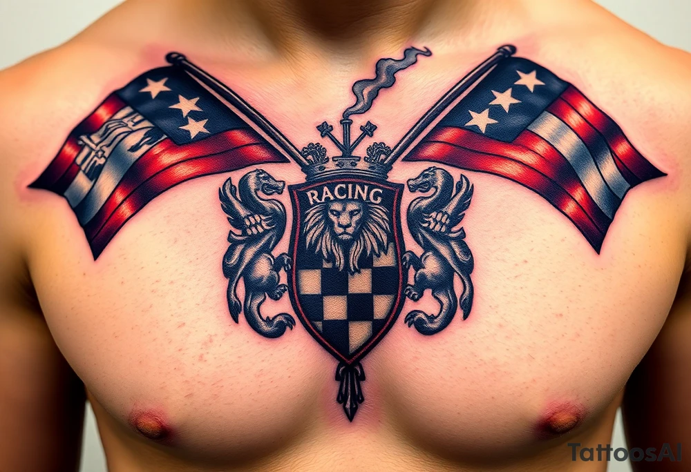 Racing flags, with a chessboard, smoke & a lion family crest tattoo idea