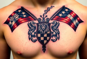 Racing flags, with a chessboard, smoke & a lion family crest tattoo idea