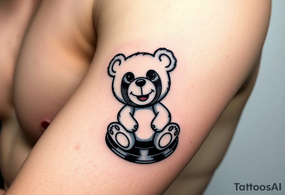 minimalist teddy bear with vinyl records as eyes smiling and sitting on a record tattoo idea