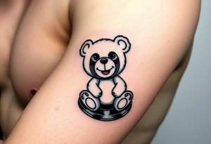 minimalist teddy bear with vinyl records as eyes smiling and sitting on a record tattoo idea