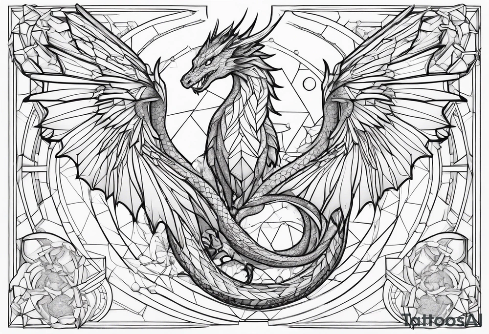 angel, dragon, geometric lines, figures, constellation cancer tattoo idea