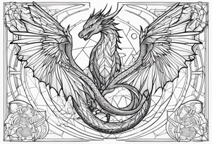 angel, dragon, geometric lines, figures, constellation cancer tattoo idea