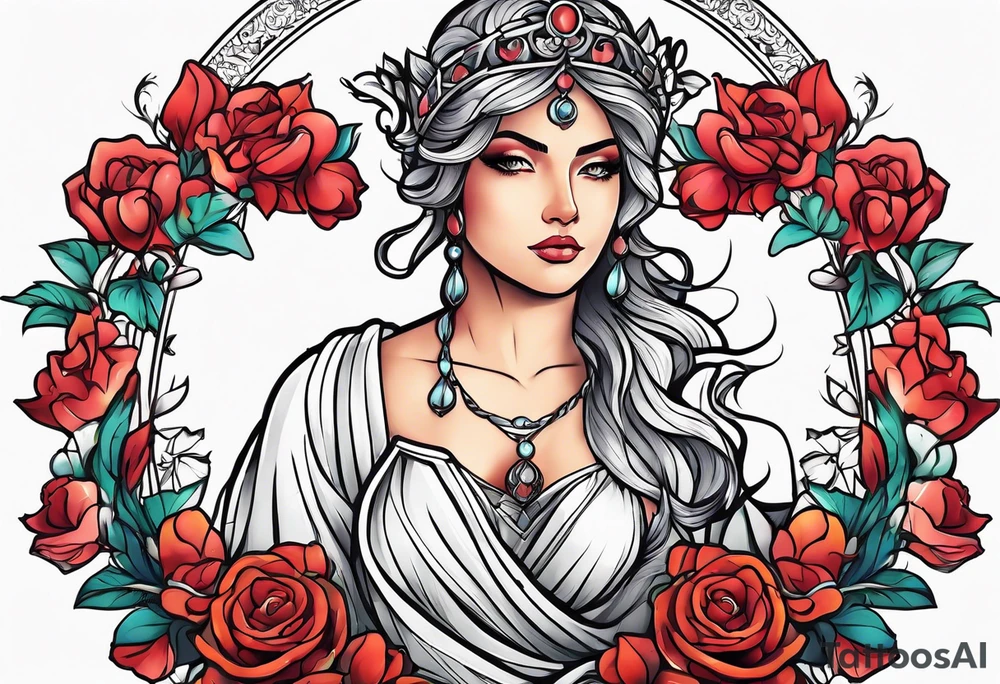 Goddess of justice with flowers tattoo idea