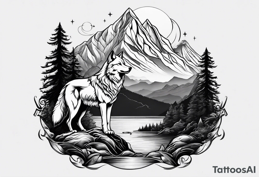 Mountains, wolf, Aquarius tattoo idea