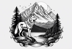 Mountains, wolf, Aquarius tattoo idea
