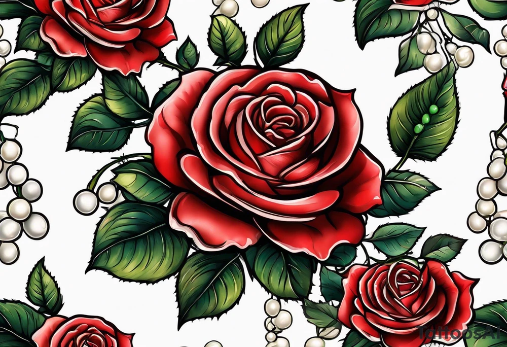 Red rose with a pearls dangling tattoo idea