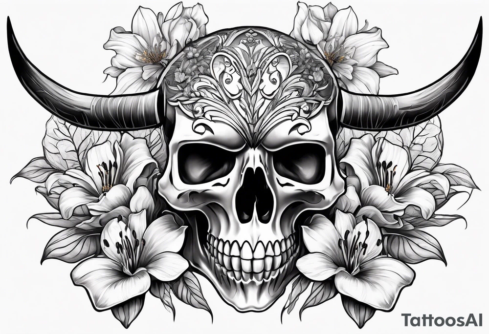 A Bulls skeleton head with lily if the valley flowers growing out of eyes tattoo idea