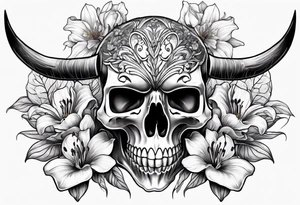A Bulls skeleton head with lily if the valley flowers growing out of eyes tattoo idea