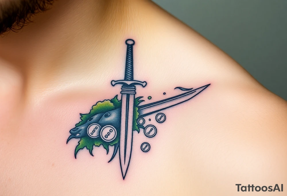 Pirate sword with moss and gold coins tattoo idea