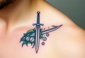 Pirate sword with moss and gold coins tattoo idea