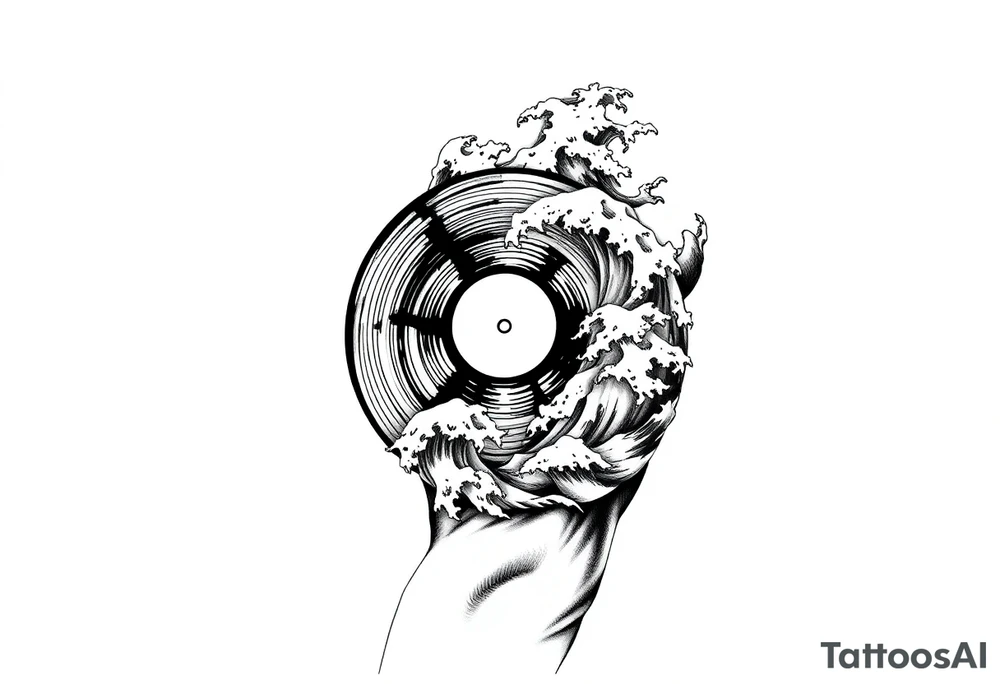 flat vinyl record with waves crashing on top of it tattoo idea