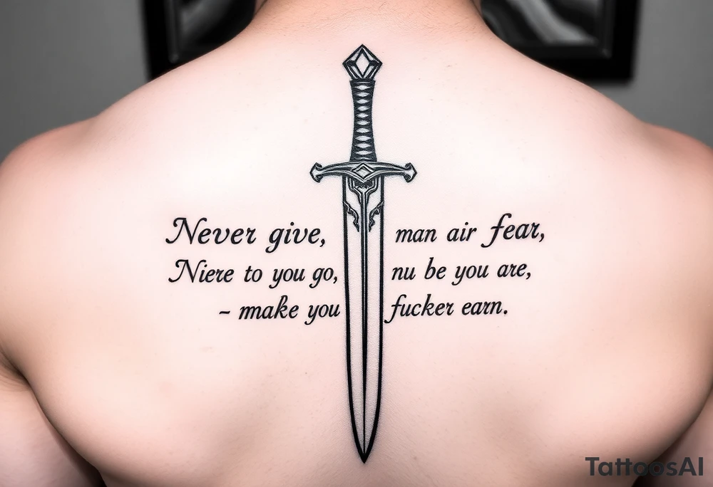 Using the abuse survivor mental health sword and the quote “Never give a man your fear, make the fucker earn it” tattoo idea