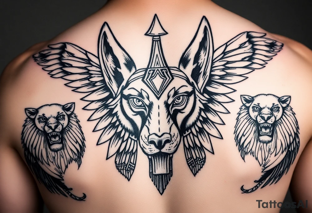 Egyptian Anubis god face muscle in Egypt style dog face surrounded Egyptian symbols and lions tattoo idea