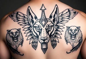 Egyptian Anubis god face muscle in Egypt style dog face surrounded Egyptian symbols and lions tattoo idea