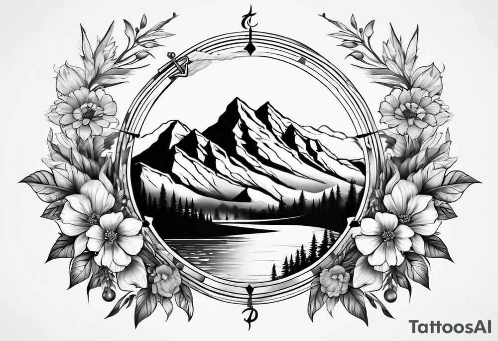 Compass mountains flowers tattoo idea