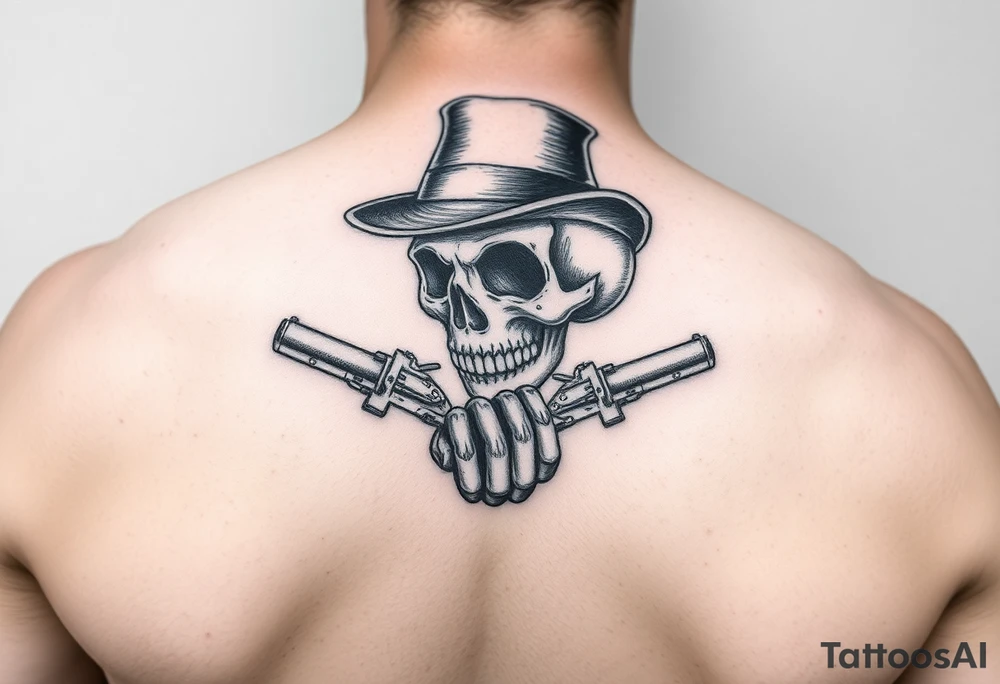 voodoo skull, top hat, dead mans card hand, six guns tattoo idea