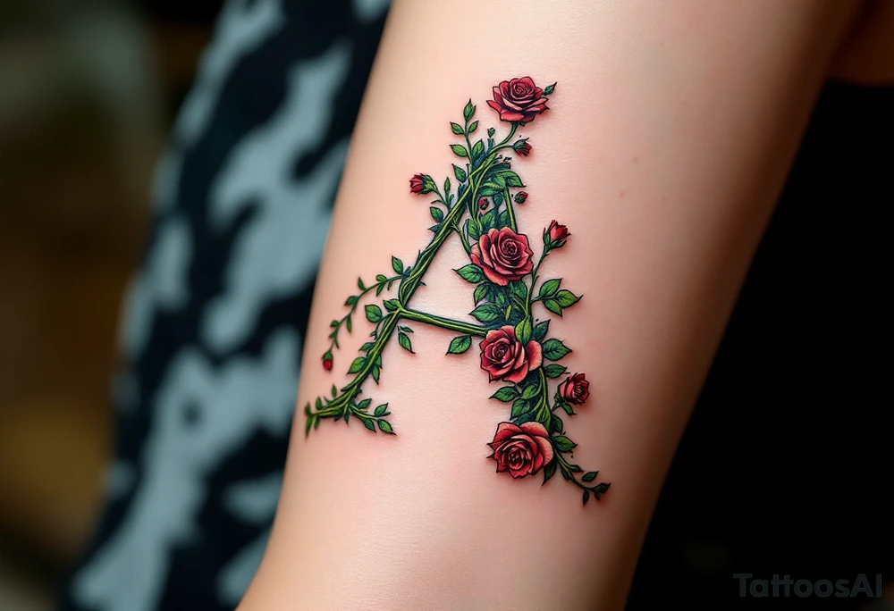 A floral "A" made of intertwined vines and roses in green and burgundy. tattoo idea