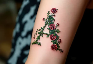 A floral "A" made of intertwined vines and roses in green and burgundy. tattoo idea