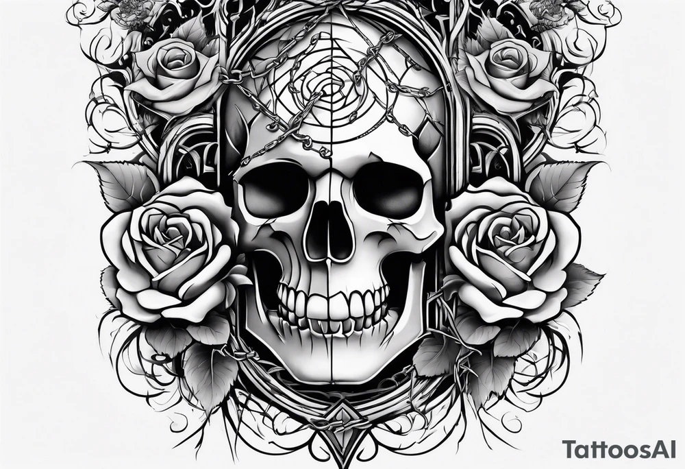 tattoo fool sleeve, old broken gothic home, broken sword, tree roots break out of the chains, roses tattoo idea