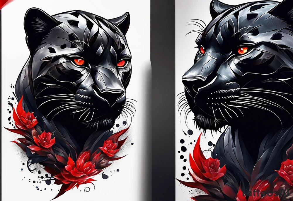 unique black panther tattoo, dynamic pose, showcasing its strength and grace, striking red eyes, intense and captivating elements, artistic flair, blending realism with abstract elements tattoo idea