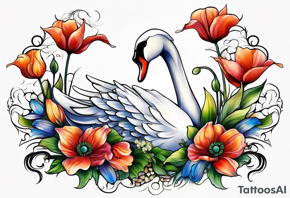 Colorful swan tattoo with poppies, Lily of the valley, sweet pea flower, honeysuckle tattoo idea