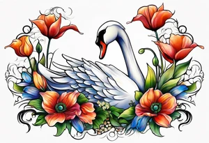 Colorful swan tattoo with poppies, Lily of the valley, sweet pea flower, honeysuckle tattoo idea