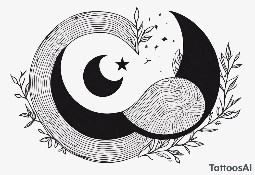 Sun and crescent moon with vintage line along with yin yang. tattoo idea