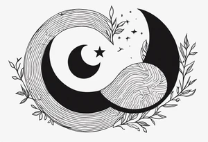 Sun and crescent moon with vintage line along with yin yang. tattoo idea