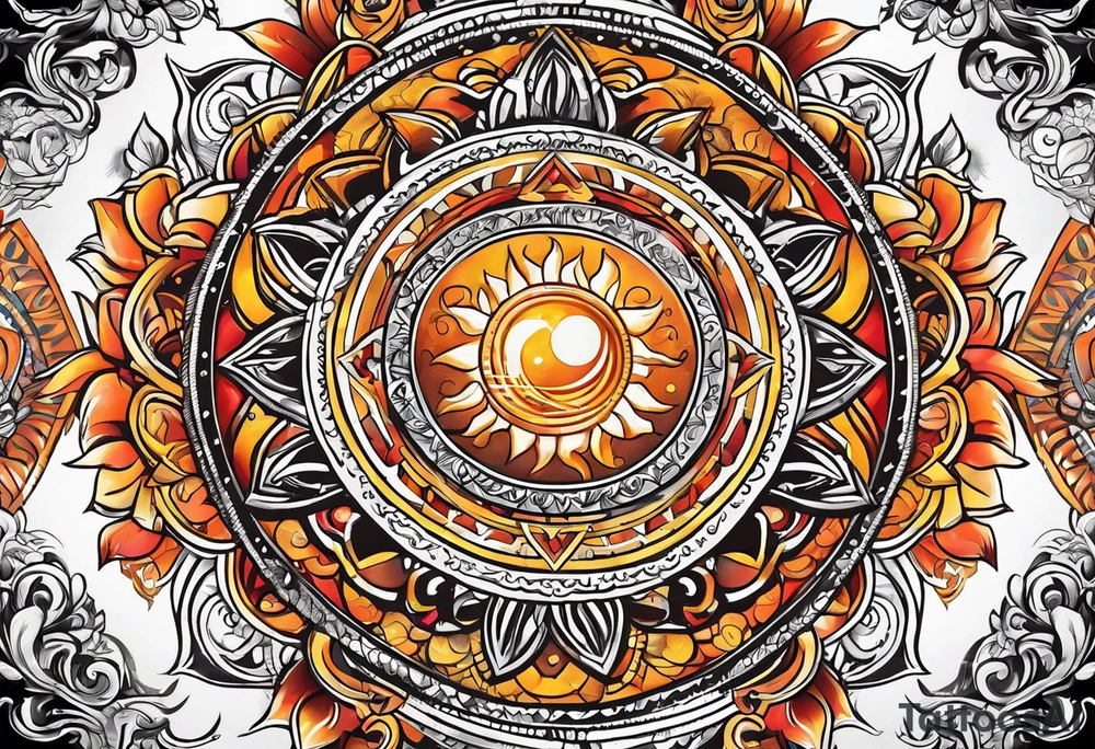 Orange sun with yellow and red highlights tattoo idea