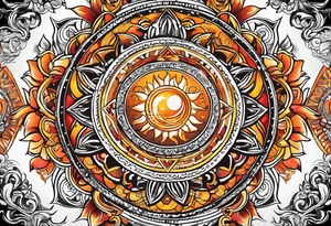Orange sun with yellow and red highlights tattoo idea
