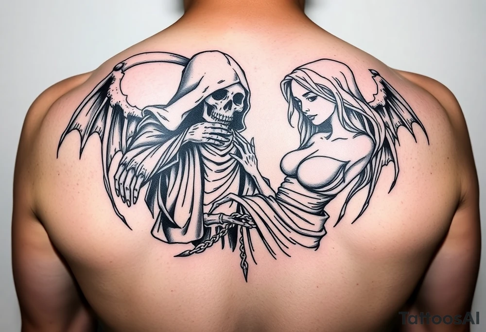 Grim reaper protecting woman tattoo idea