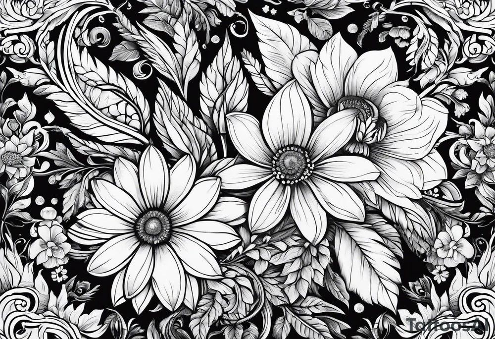 Russian folklore design with flowers native to Omsk and birch trees tattoo idea