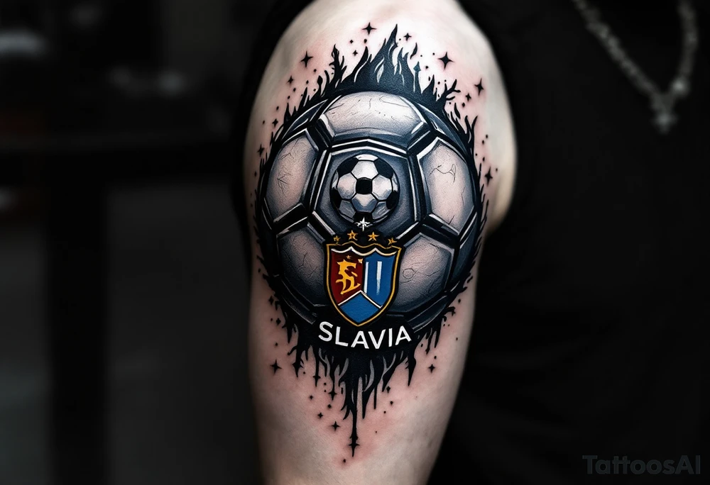 A half-sleeve design where a soccer ball morphs into the Slavia crest with realistic shading. tattoo idea