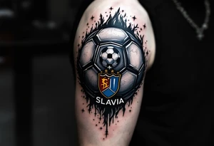 A half-sleeve design where a soccer ball morphs into the Slavia crest with realistic shading. tattoo idea