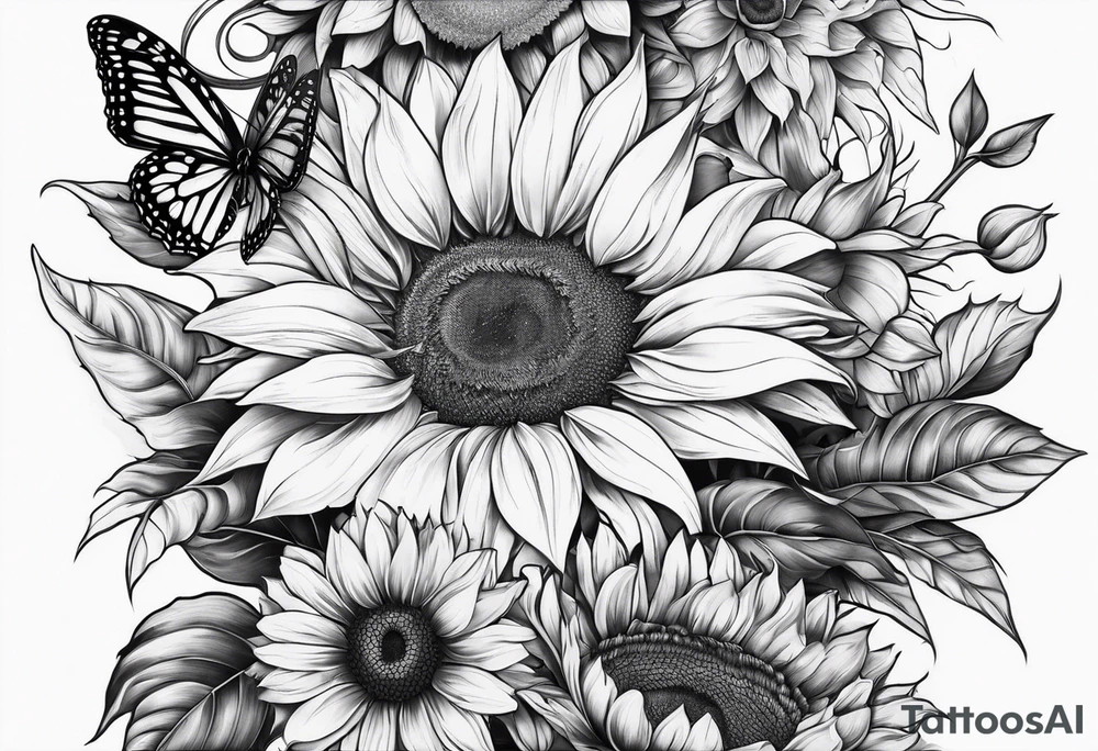 Sunflower and butterfly leg sleeve tattoo idea