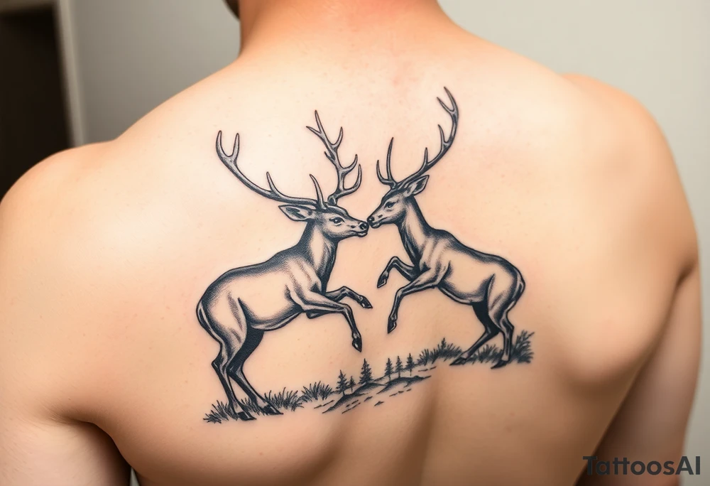 Photo realistic Vertical aligned nature scene with two deer fighting. 

This ai sucks tattoo idea
