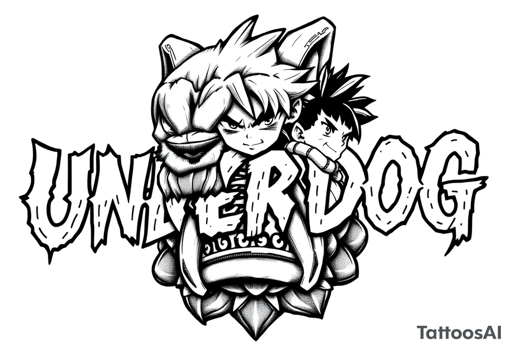 the word underdog in a with 3 anime characters
Ippo and Naruto and son Goku tattoo idea