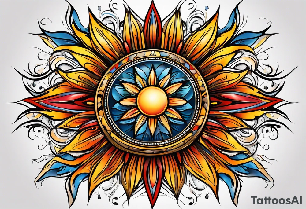 sunburst with yellow, orange, red, and blue colors tattoo idea