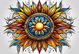 sunburst with yellow, orange, red, and blue colors tattoo idea