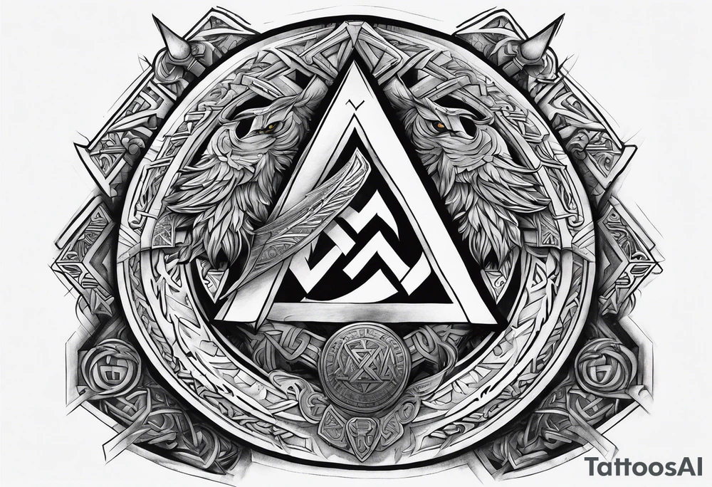 Valhalla sword shield  axe Valknut stairs tattoo idea