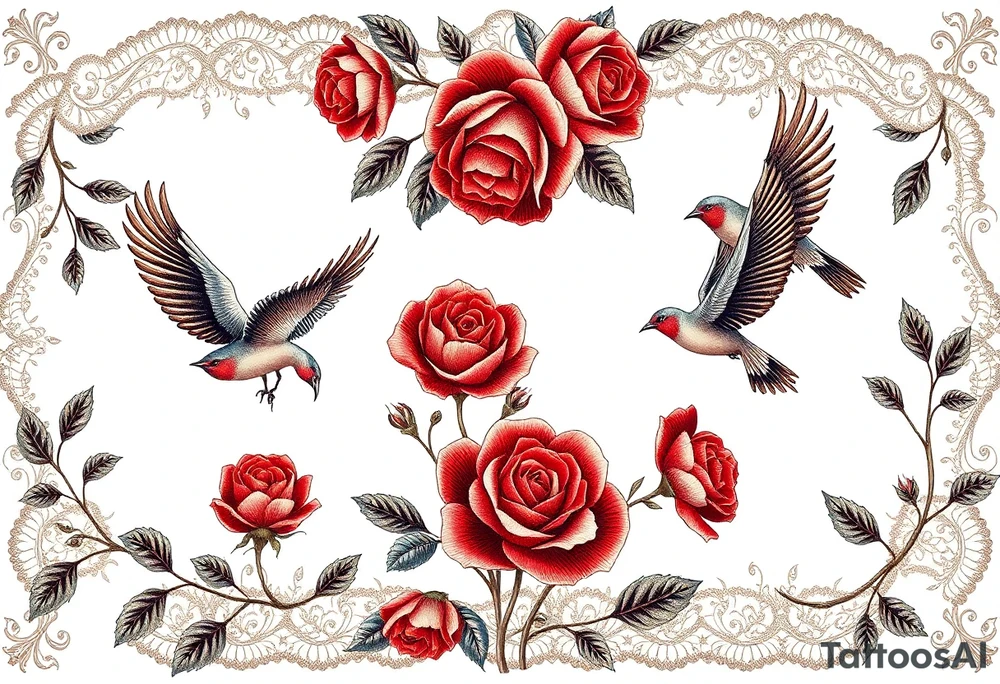 Vintage lace, red roses, red birds, vintage tattoo idea