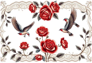 Vintage lace, red roses, red birds, vintage tattoo idea