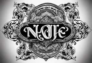 NAJE in edwardian script surrounded by symmetrical smoke tattoo idea
