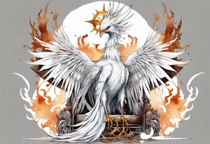 a white phoenix wearing rusty iron crown, perched on a throne tattoo idea