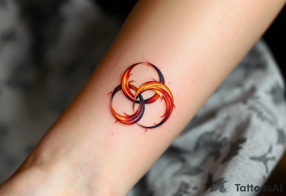 A fiery three triskelion spirals blending deep reds, oranges, and golden yellows to symbolize rebirth and resilience. tattoo idea