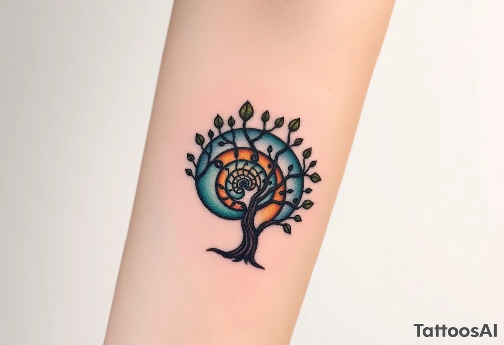 Fibonacci spiral shell inside of tree with little leaves tattoo idea