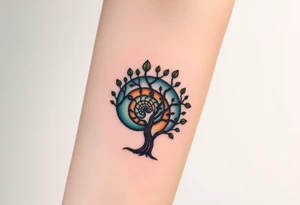 Fibonacci spiral shell inside of tree with little leaves tattoo idea