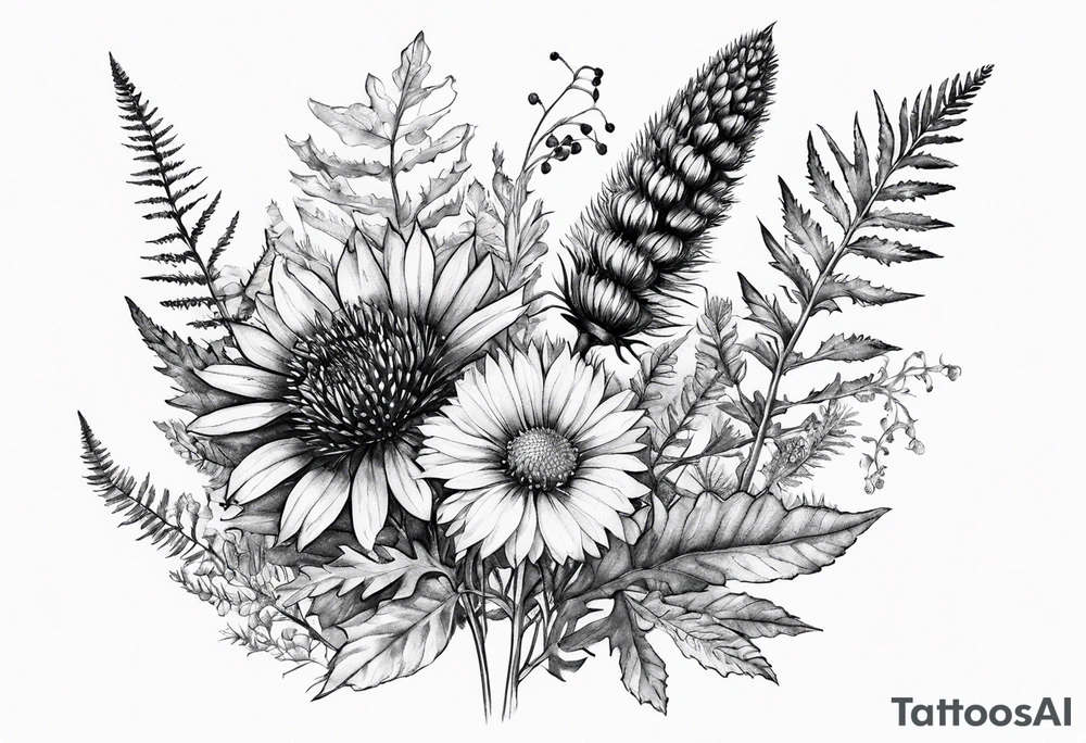 small vertical mixed wildflower bouquet with ferns, thistle and with watercolor tattoo idea
